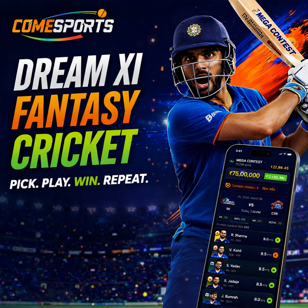 Come Cricket Play Dream XI fantasy cricket ad visual