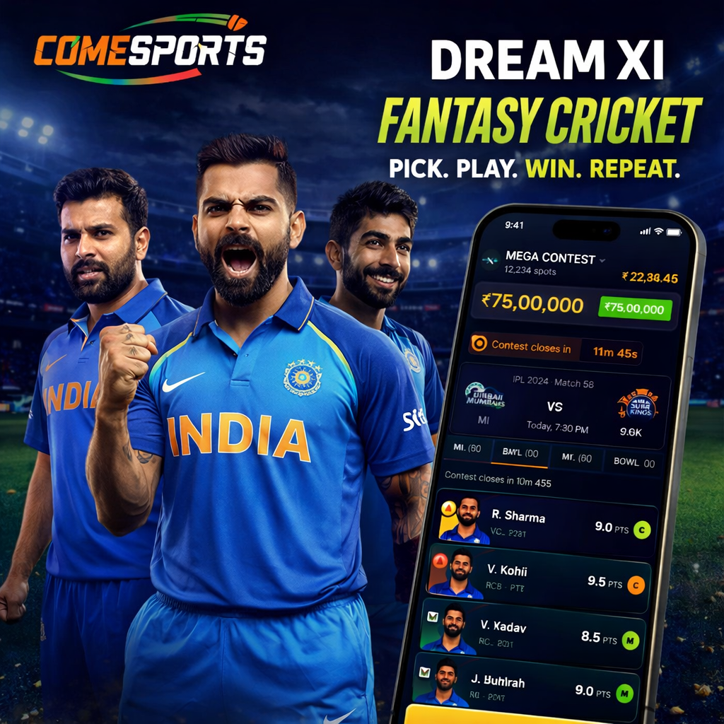 Come Cricket Play fantasy cricket and India team visual