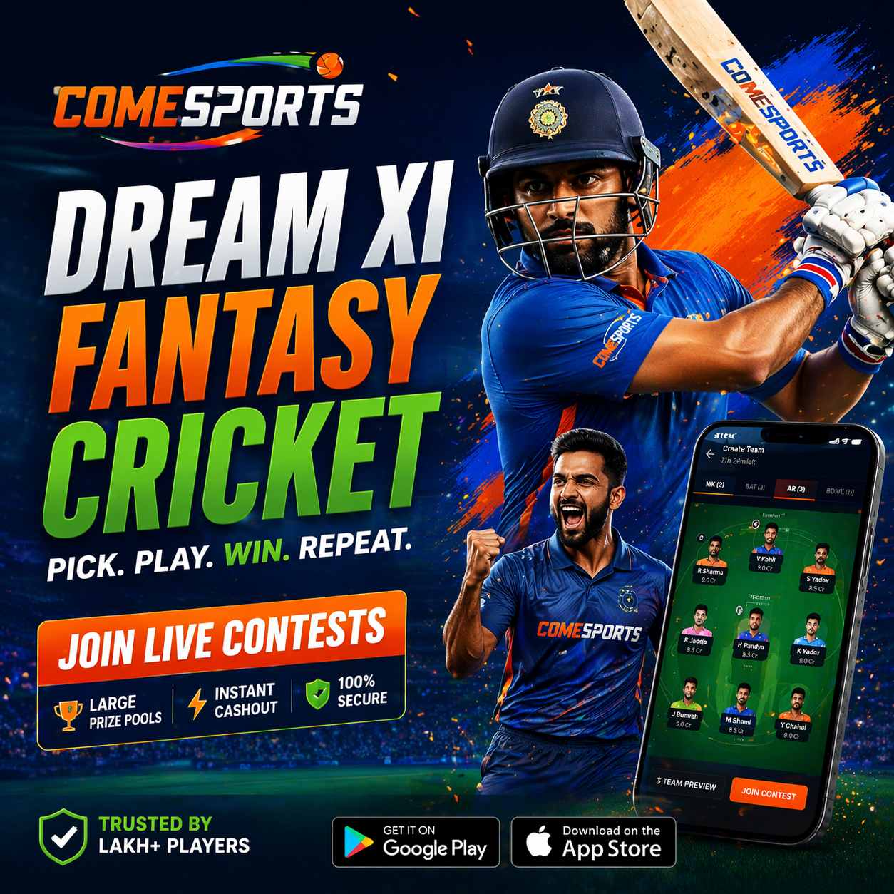 Come Cricket Play fantasy sports main visual